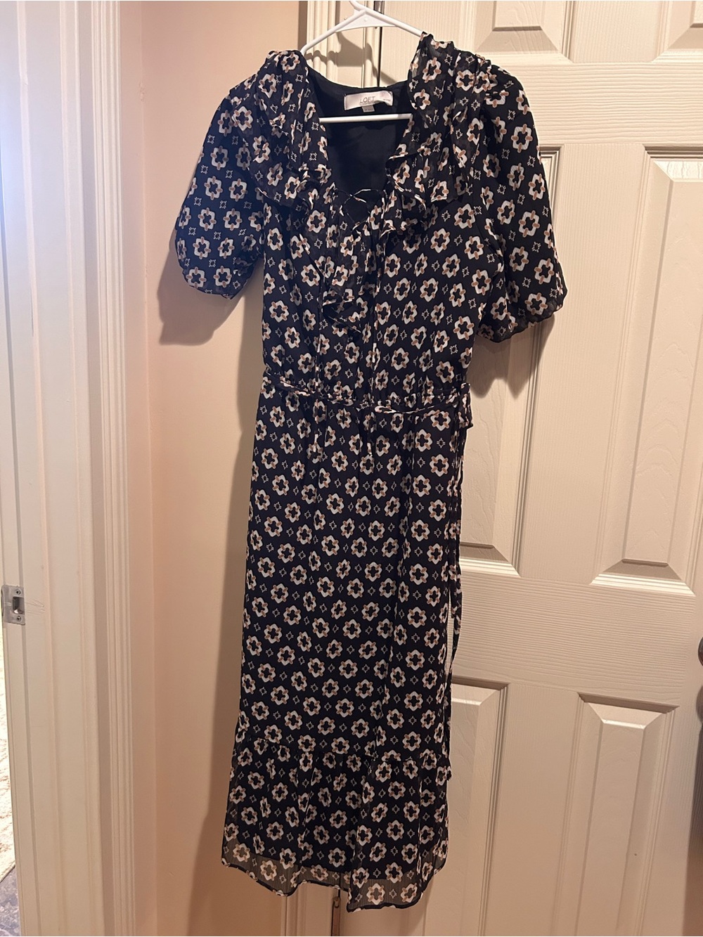 LOFT Black Midi Dress with Cream Floral Print